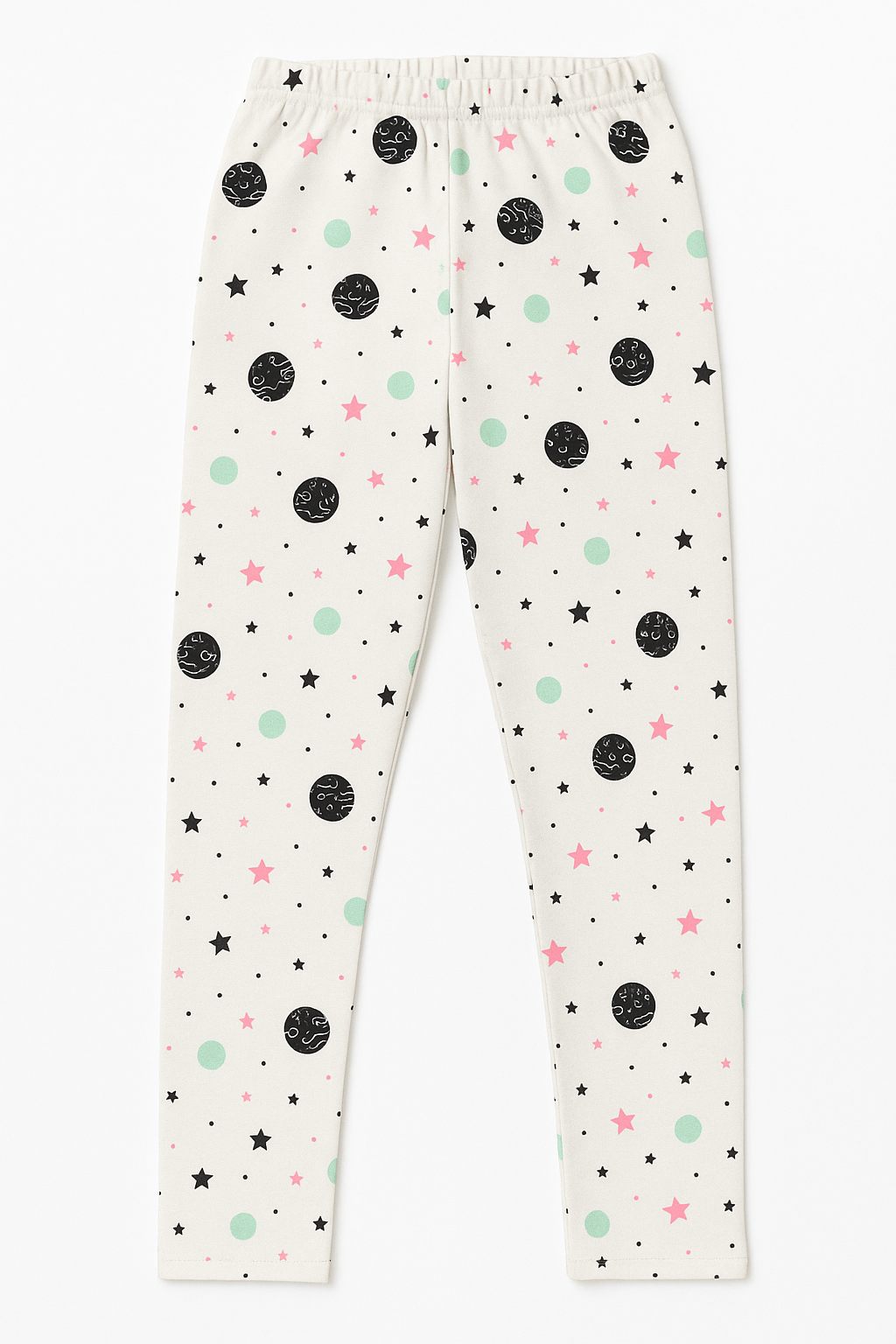 White kids' leggings with space-themed print, including black planets, pink stars, and green circles, for ages 5 to 6 years.