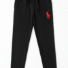 Black men’s jogger trousers with red embroidered Polo logo and drawstring waistband.
