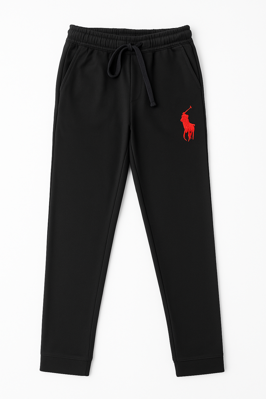Black men’s jogger trousers with red embroidered Polo logo and drawstring waistband.