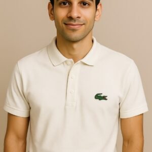 Folded Lacoste white polo shirt with embroidered crocodile logo