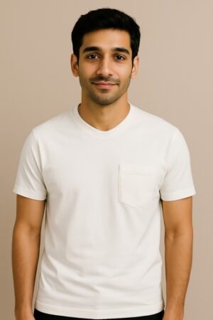 Man wearing a premium white export-quality cotton t-shirt with chest pocket