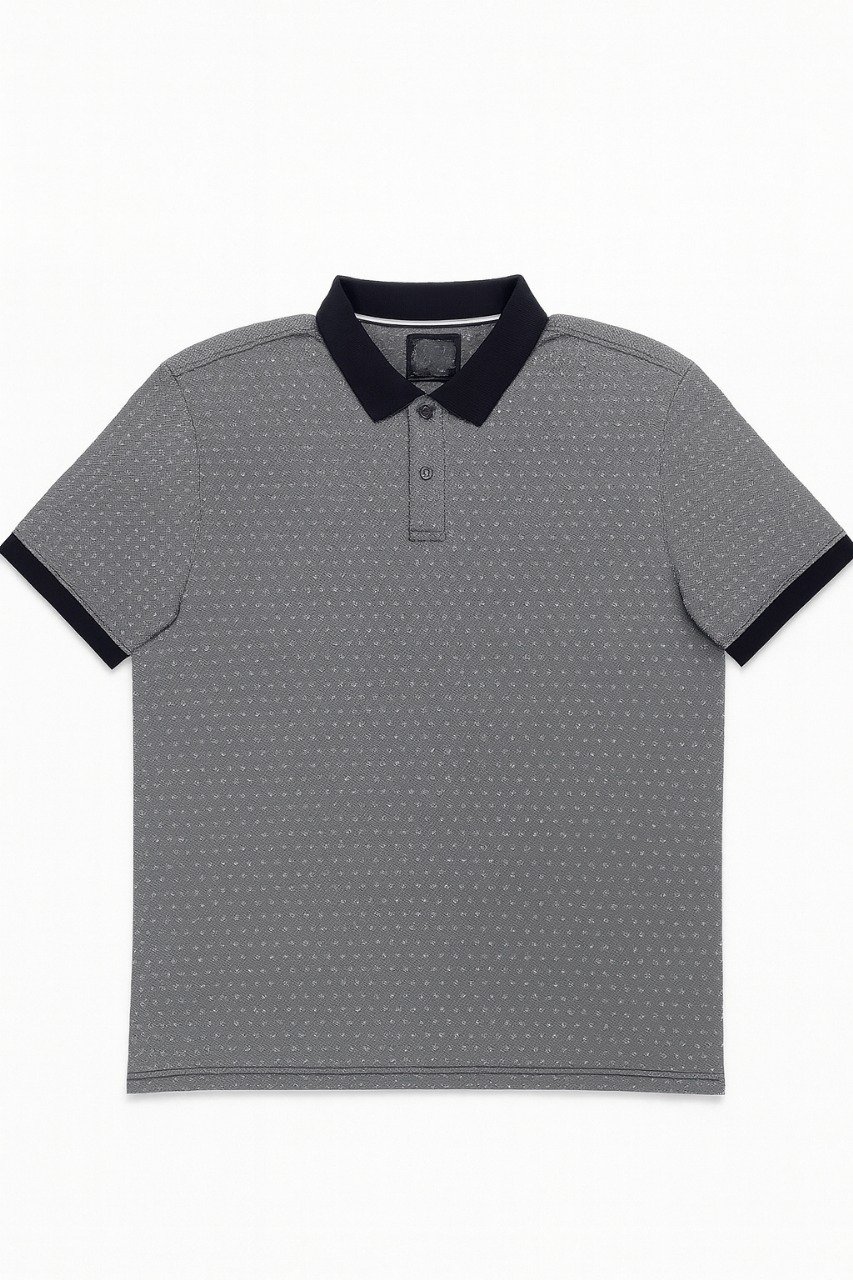 Folded grey polo shirt with small white geometric dot pattern and navy blue collar.