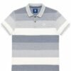 Short-sleeved polo shirt with horizontal grey and white stripes, ribbed collar, and embroidered crest logo.