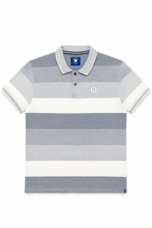 Short-sleeved polo shirt with horizontal grey and white stripes, ribbed collar, and embroidered crest logo.