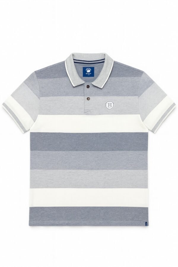 Short-sleeved polo shirt with horizontal grey and white stripes, ribbed collar, and embroidered crest logo.