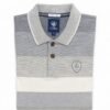 Short-sleeved polo shirt with horizontal grey and white stripes, ribbed collar, and embroidered crest logo.