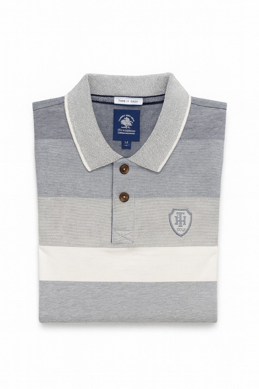Short-sleeved polo shirt with horizontal grey and white stripes, ribbed collar, and embroidered crest logo.