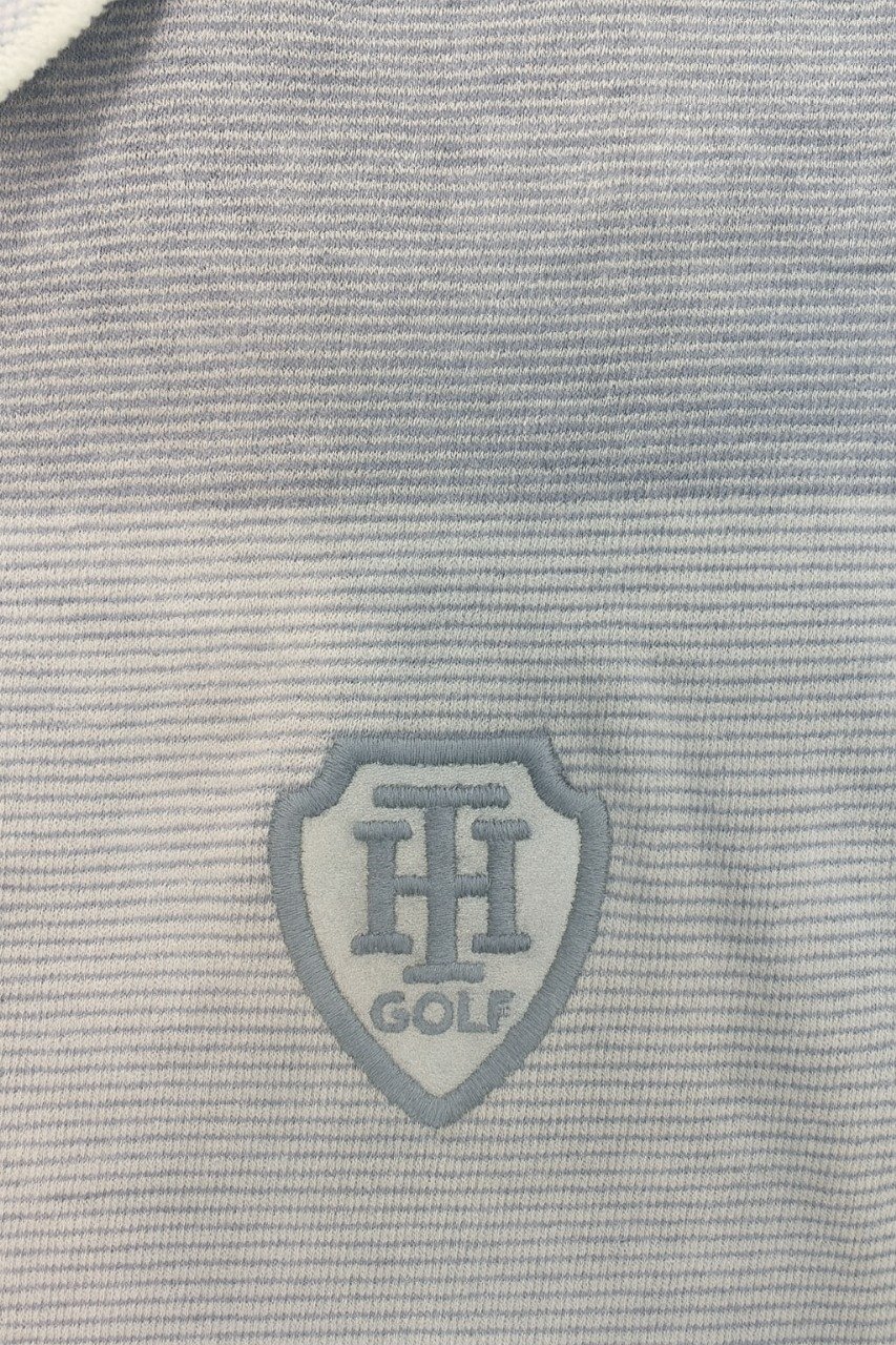 Short-sleeved polo shirt with horizontal grey and white stripes, ribbed collar, and embroidered crest logo.