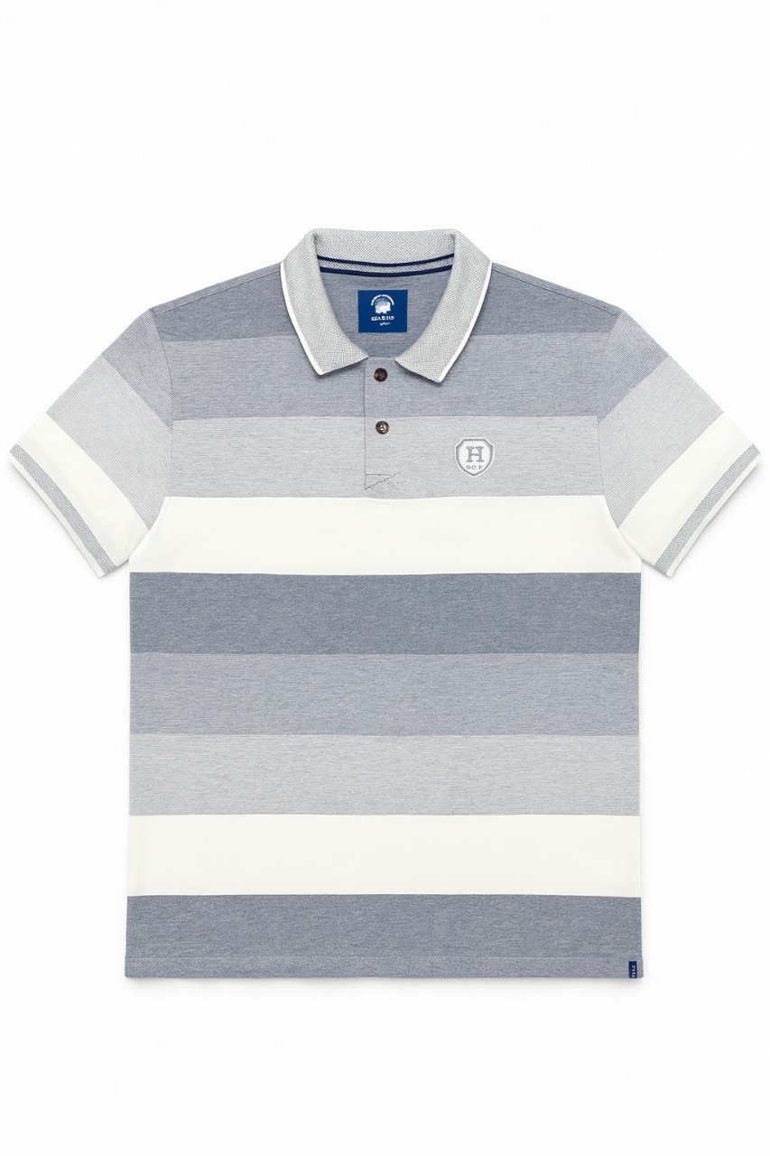 Short-sleeved polo shirt with horizontal grey and white stripes, ribbed collar, and embroidered crest logo.