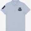 light blue polo shirt with embroidered "Limited Edition Since 1968" crest on chest.