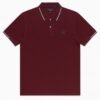 Burgundy polo shirt with white and navy collar trim and embroidered "A" logo on chest.