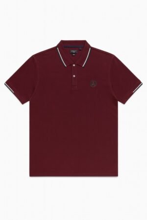 Burgundy polo shirt with white and navy collar trim and embroidered "A" logo on chest.