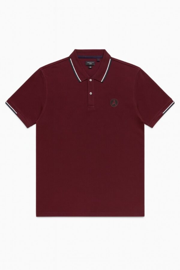 Burgundy polo shirt with white and navy collar trim and embroidered "A" logo on chest.