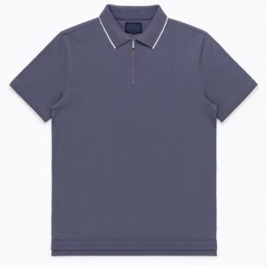 Folded navy blue polo shirt with ribbed collar, white trim, and front zipper on a white background.
