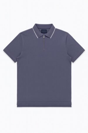 Folded navy blue polo shirt with ribbed collar, white trim, and front zipper on a white background.
