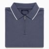 Folded navy blue polo shirt with ribbed collar, white trim, and front zipper on a white background.