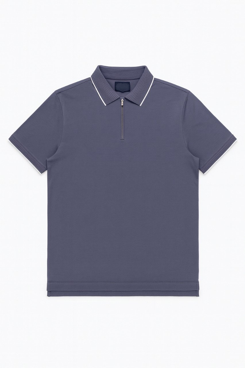 Folded navy blue polo shirt with ribbed collar, white trim, and front zipper on a white background.