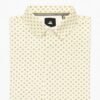Short-sleeved off-white polo shirt with gold geometric print laid flat on white background.