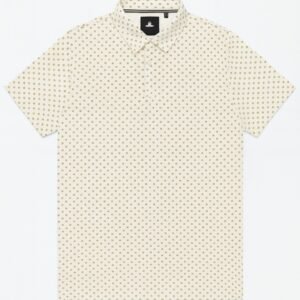 Short-sleeved off-white polo shirt with gold geometric print laid flat on white background.