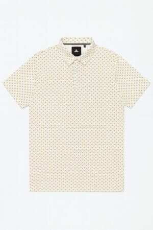 Short-sleeved off-white polo shirt with gold geometric print laid flat on white background.