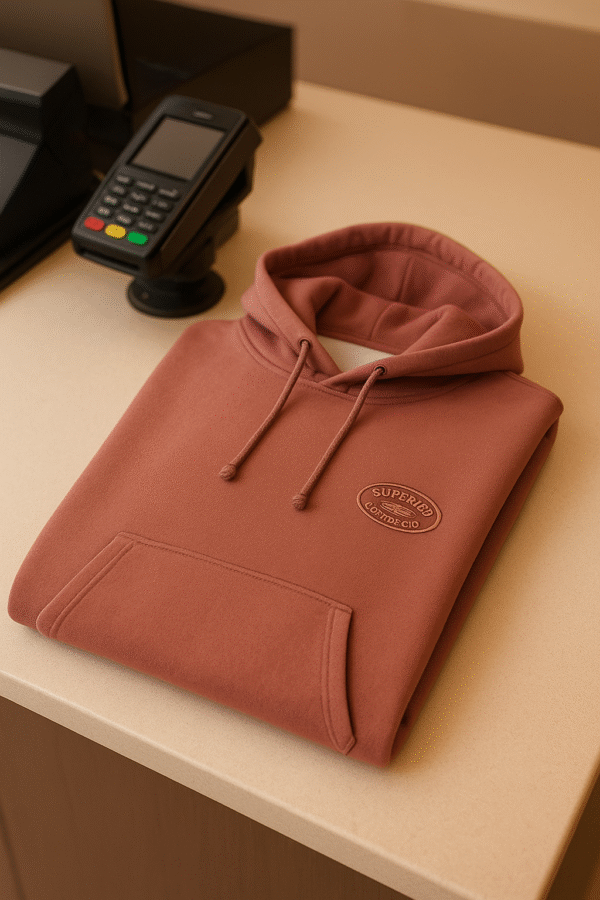 Rust brown premium hoodie placed neatly on a beige counter beside a payment terminal.