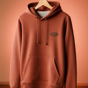 Rust brown premium hoodie placed neatly on a beige counter beside a payment terminal.