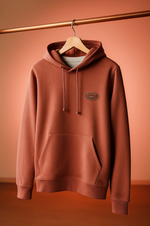 Rust brown premium hoodie placed neatly on a beige counter beside a payment terminal.