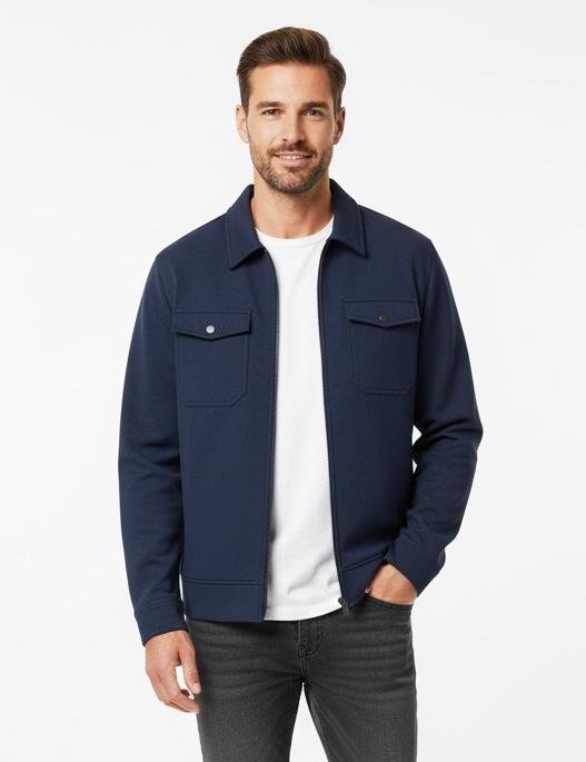 Men’s Navy Blue Zip-Up Hoodie Man wearing a navy blue zip-up hoodie over a white t-shirt, standing with arms crossed against a plain white background.