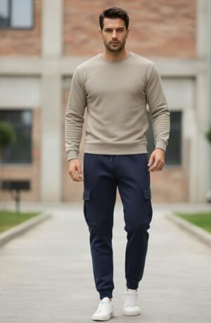 Beige Ribbed Sweatshirt for Men – Minimal Casual Style Beige ribbed crewneck sweatshirt displayed on a black hanger with a gold hook in a softly lit clothing store background.