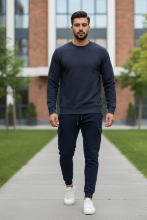 Navy Blue Ribbed Sweatshirt on Hanger Navy blue ribbed sweatshirt hanging on a black velvet hanger with a gold hook in a modern clothing store, surrounded by soft blue and white lights.