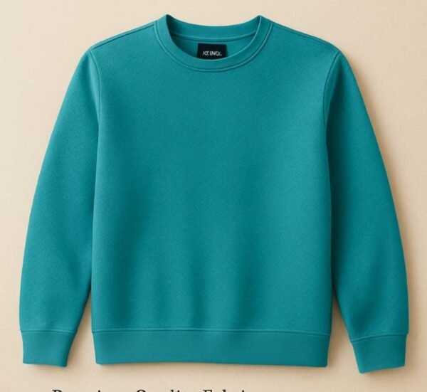 Teal Green Crew Neck Sweatshirt – Casual Unisex Pullover for Everyday Wear Teal green plain crew neck sweatshirt on wooden hanger in modern clothing store.