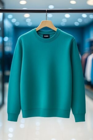 Teal Green Crew Neck Sweatshirt – Casual Unisex Pullover for Everyday Wear Teal green plain crew neck sweatshirt on wooden hanger in modern clothing store.