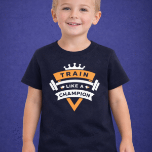 Kids black graphic t-shirt back view worn by young boy model with navy trousers on a studio background.