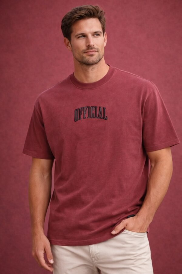 Men wearing maroon crew neck t-shirt with “OFFICIAL” printed on the chest, casual half sleeve cotton t-shirt with minimal design.