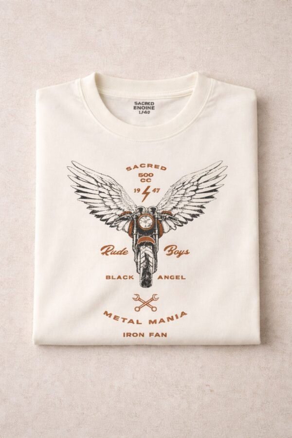 Beige Motorcycle Wings Graphic Oversized T-Shirt for Men