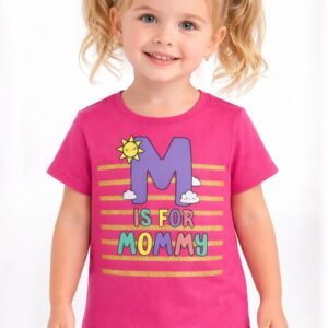 Young girl model wearing a pink “M Is For Mommy” graphic kids t-shirt paired with denim shorts on a studio background.
