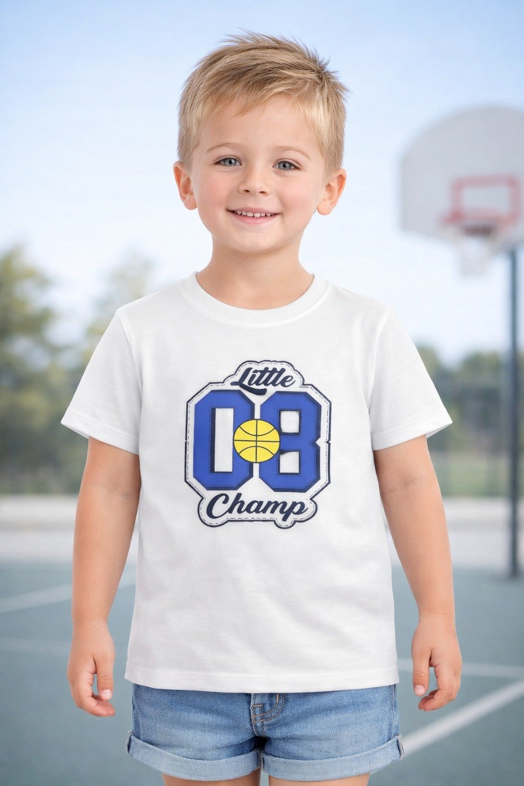 Boys White “Little 08 Champ” Graphic T-Shirt – Kids Casual Cotton Tee