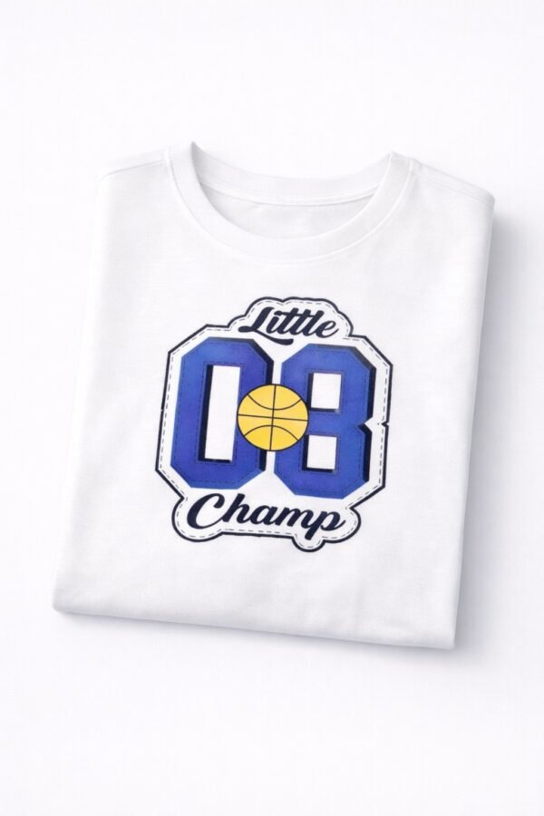 Boys White “Little 08 Champ” Graphic T-Shirt – Kids Casual Cotton Tee