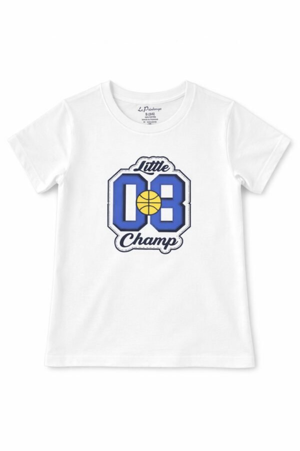 Boys White “Little 08 Champ” Graphic T-Shirt – Kids Casual Cotton Tee