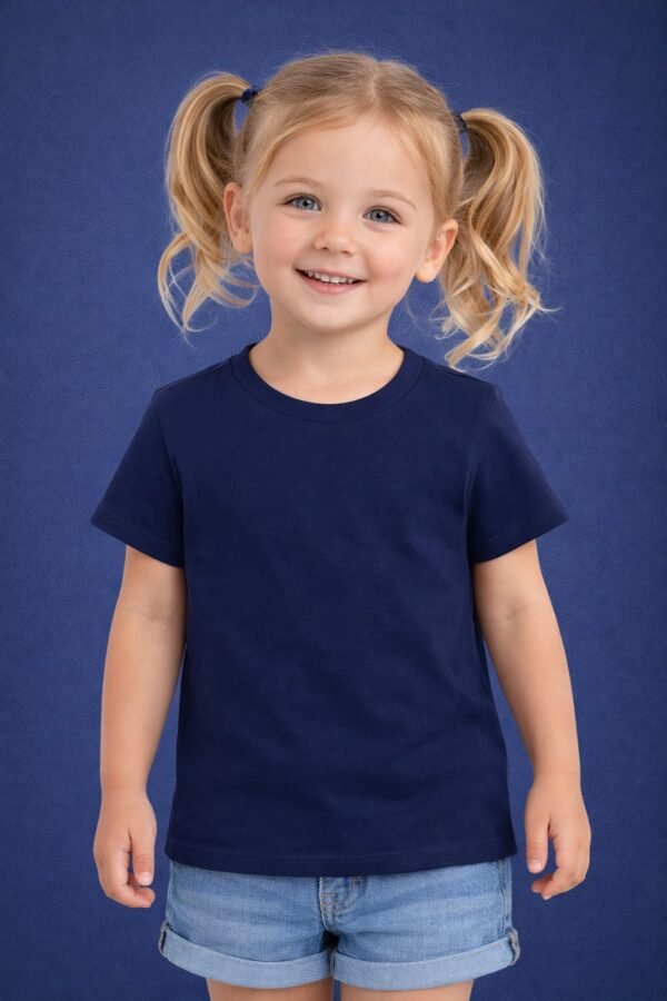 Young girl model wearing a navy blue plain kids t-shirt with denim shorts on a studio blue background.