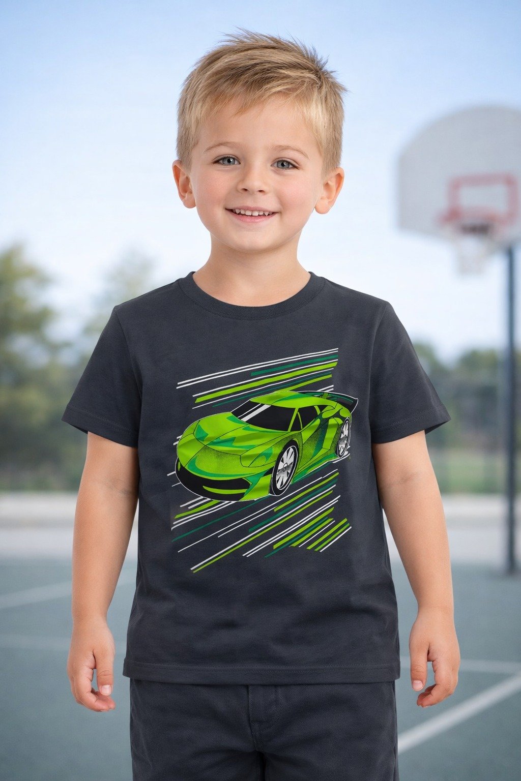 Young boy model wearing a charcoal grey sports car graphic kids t-shirt with dark trousers on an outdoor basketball court background.