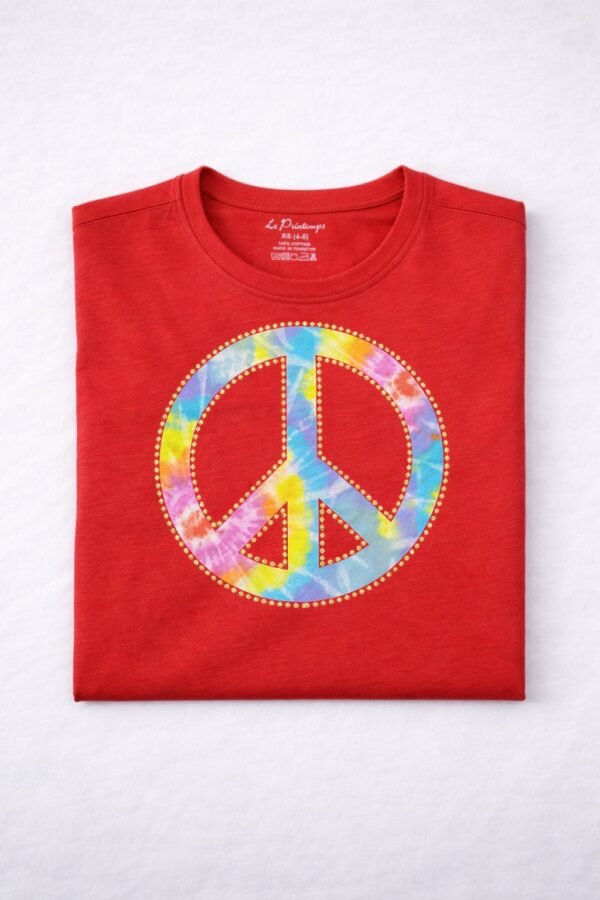 Young boy wearing a red half sleeve t-shirt with colorful peace symbol graphic