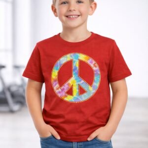 Young boy wearing a red half sleeve t-shirt with colorful peace symbol graphic