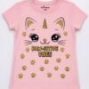 Young girl wearing a pink half sleeve t-shirt with cute cat unicorn face and paw prints graphic with “Paw-Sitive Vibes” text
