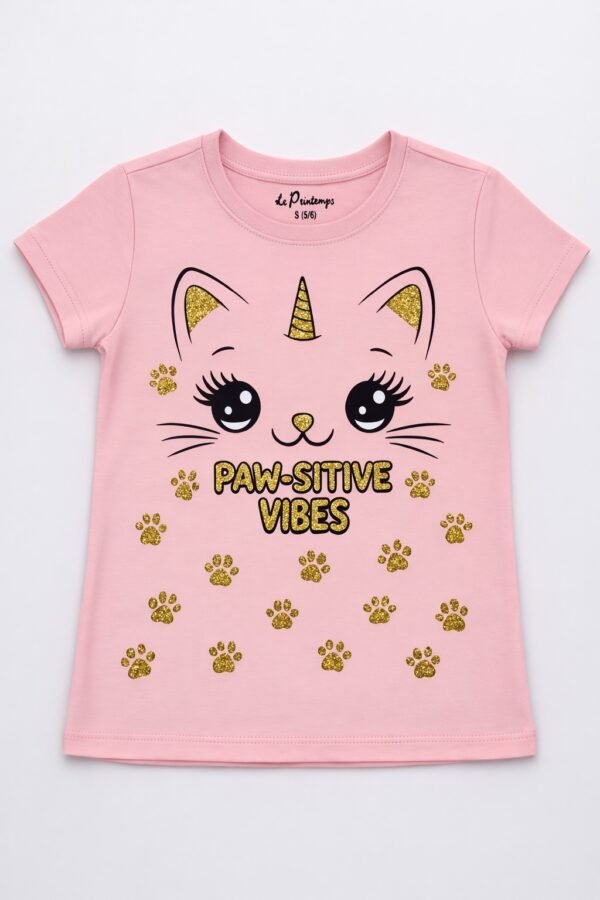 Young girl wearing a pink half sleeve t-shirt with cute cat unicorn face and paw prints graphic with “Paw-Sitive Vibes” text