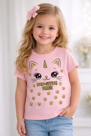 Young girl wearing a pink half sleeve t-shirt with cute cat unicorn face and paw prints graphic with “Paw-Sitive Vibes” text