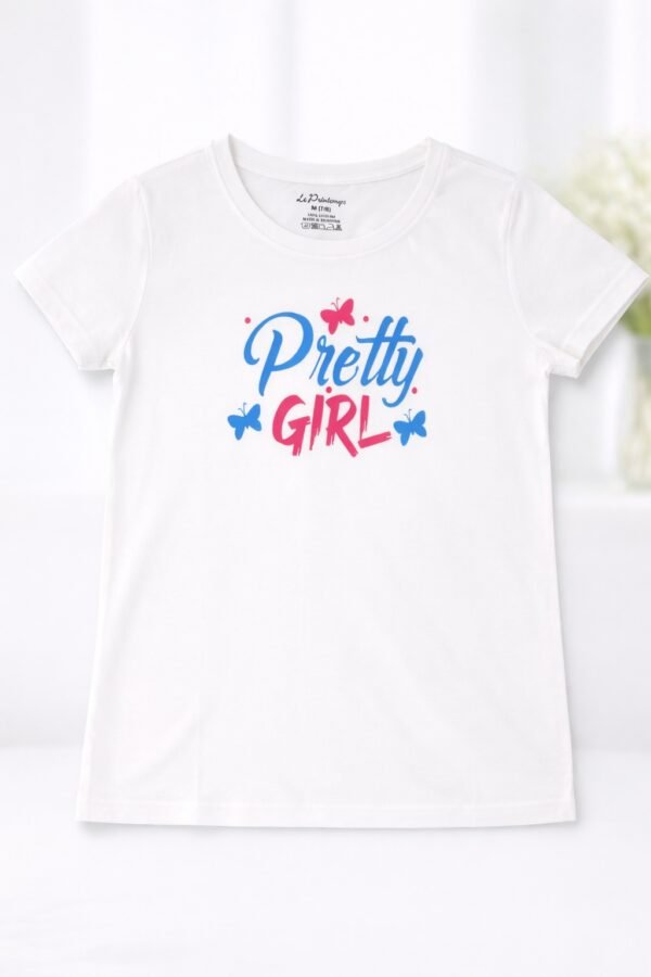 Young girl wearing a white half sleeve t-shirt with “Pretty Girl” colorful butterfly graphic design