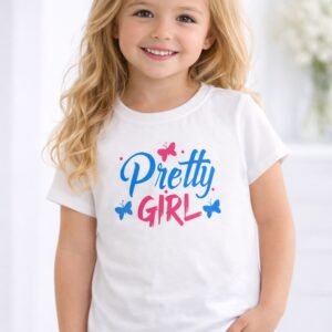 Young girl wearing a white half sleeve t-shirt with “Pretty Girl” colorful butterfly graphic design