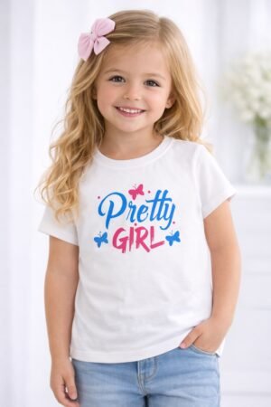Young girl wearing a white half sleeve t-shirt with “Pretty Girl” colorful butterfly graphic design