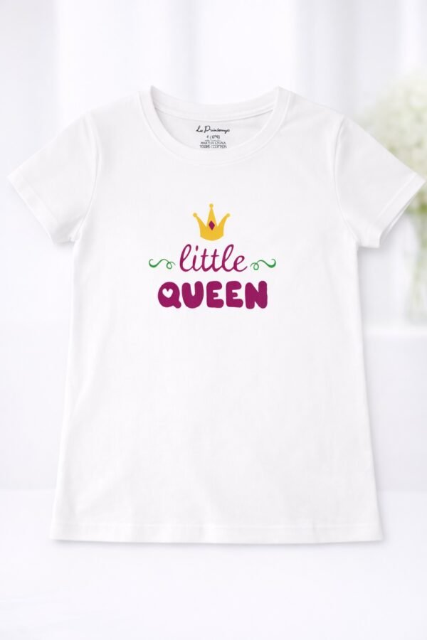 White girls half sleeve t-shirt with colorful “Little Queen” text and crown graphic design
